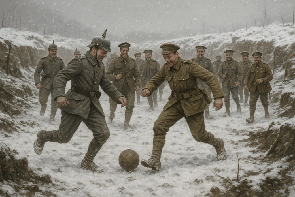 Christmas Truce 1914 - WWI soldiers from opposing sides playing football together