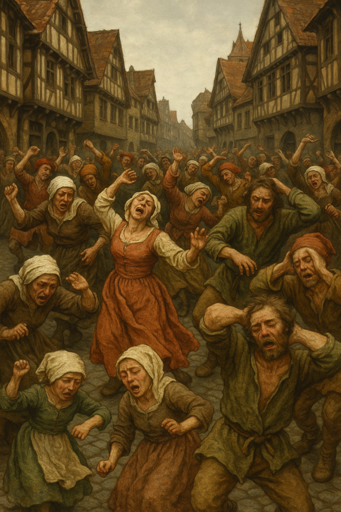 The Dancing Plague of 1518 in Strasbourg - people dancing uncontrollably in medieval streets