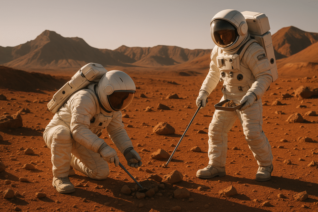 Mission HOPE crew members in white spacesuits conducting geological sample collection operations in the Mars-like environment of Ladakh's mountainous terrain
