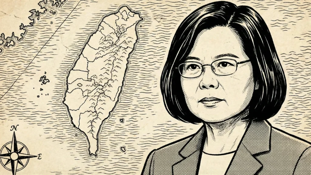 Illustration featuring a detailed map of Taiwan alongside a portrait of Taiwan’s political leadership, highlighting Taiwan’s strategic geography and leadership role in cross-strait relations.