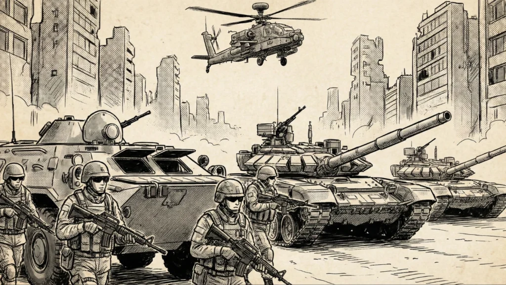 Illustration depicting modern military forces with tanks, armored vehicles, soldiers, and attack helicopters advancing through an urban environment, symbolizing escalation in the China–Taiwan conflict.