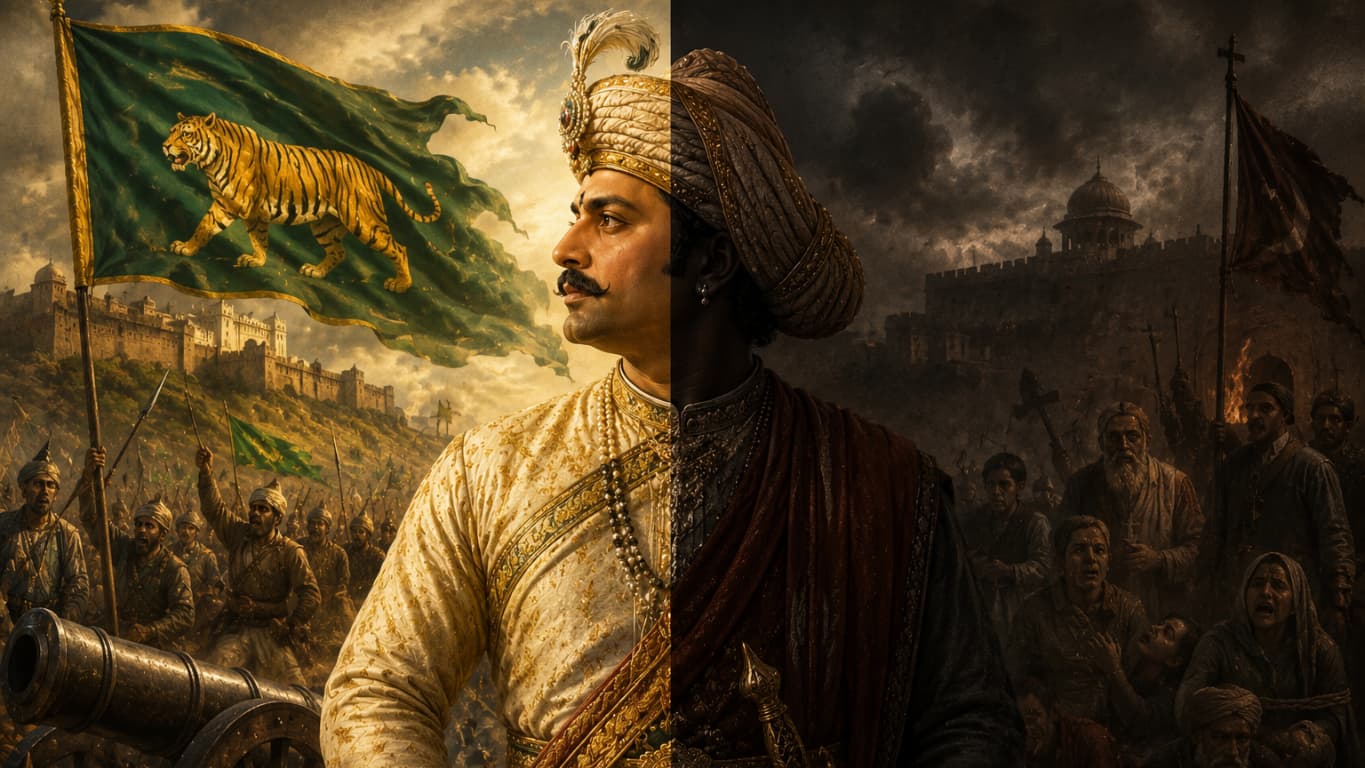 Tipu Sultan controversy hero or villain split image showing Tipu Sultan as anti-colonial warrior and controversial ruler