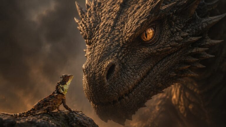 Acanthosaura syrax lizard facing a fictional dragon inspired by House of the Dragon