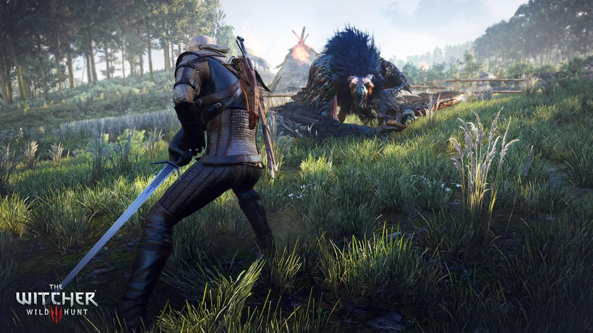 Geralt fighting with monster in the open world of The Witcher 3 Wild Hunt