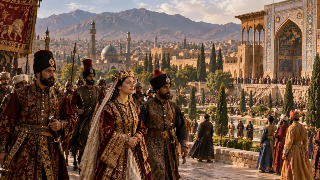 Historical reconstruction of Shiraz in Safavid Persia during Queen Ketevan's captivity