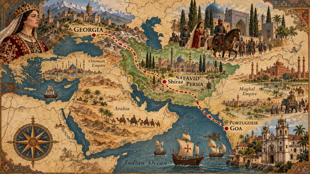 Map showing the historical journey associated with Ketevan's relics from Georgia through Persia to Goa
