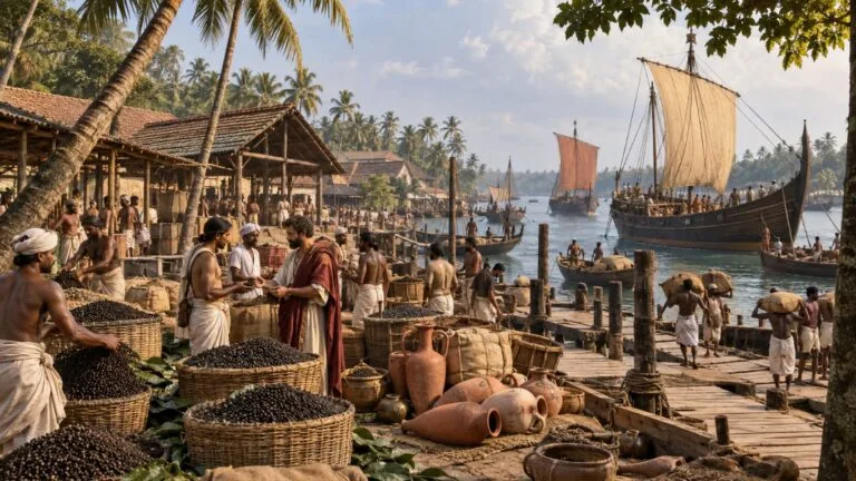 Reconstruction of the ancient Muziris port on the Malabar Coast with wooden ships, pepper cargo and merchants