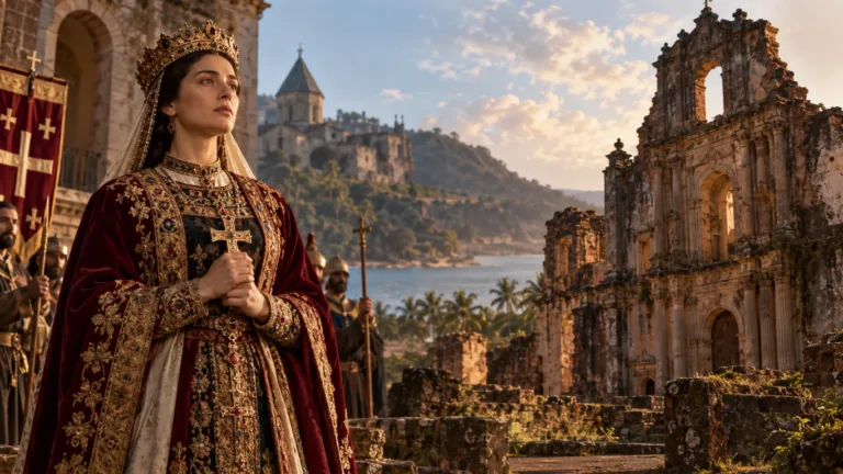 Artistic historical reconstruction of Queen Ketevan of Georgia and the ruins of St Augustine Church in Goa