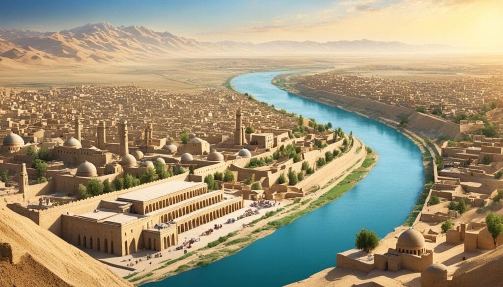 Artistic reconstruction of a catastrophic flood in ancient Mesopotamia