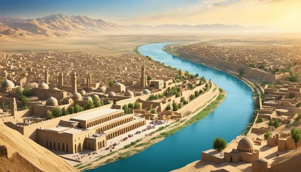 Artistic reconstruction of a catastrophic flood in ancient Mesopotamia