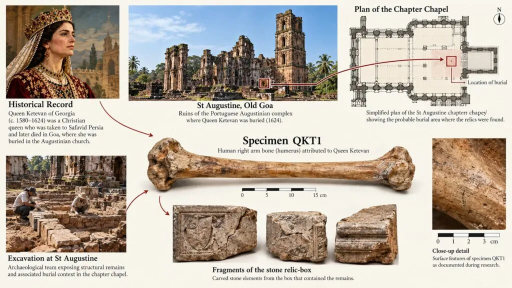 Diagram showing QKT1 and the historical archaeological evidence used to investigate Ketevan's relic