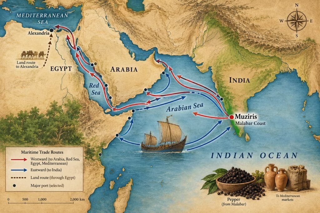 Map showing Muziris connected to South India, the Arabian Sea, Red Sea, Egypt and Mediterranean trade routes