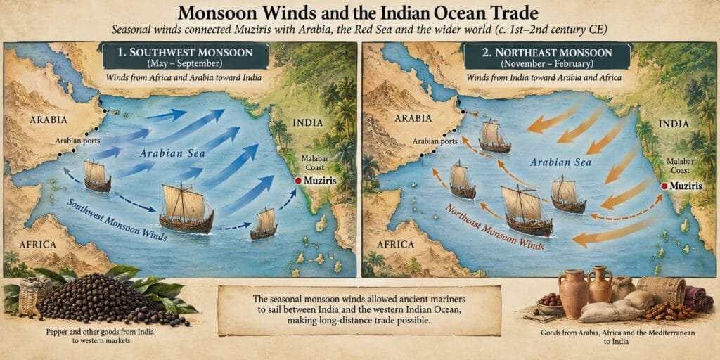 Diagram showing seasonal monsoon winds used by ancient ships travelling between India and the Arabian Sea