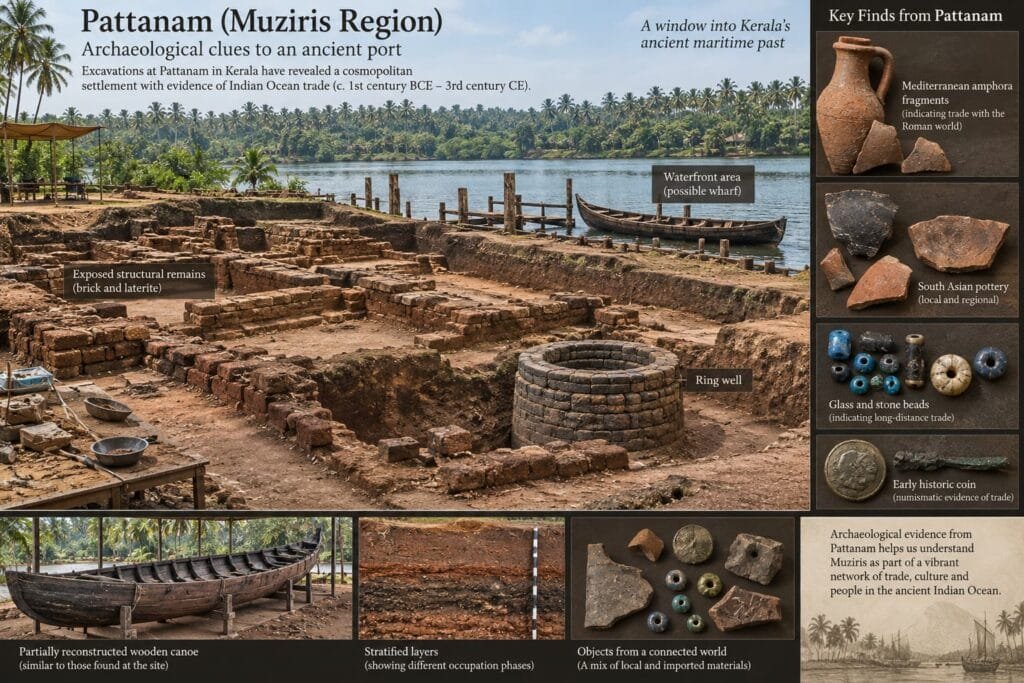 Archaeological evidence from Pattanam including pottery, beads, brick structures, a wharf and wooden canoe