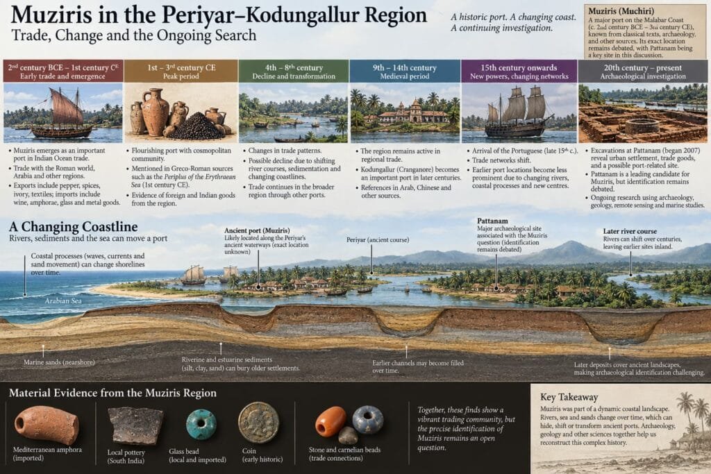 Timeline showing Muziris, Pattanam archaeology and changing coastal landscape in Kerala