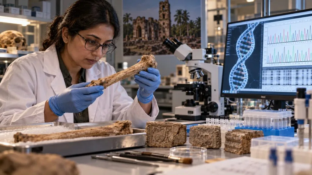 Scientific visualization of ancient DNA analysis used to investigate the Ketevan relic from Goa