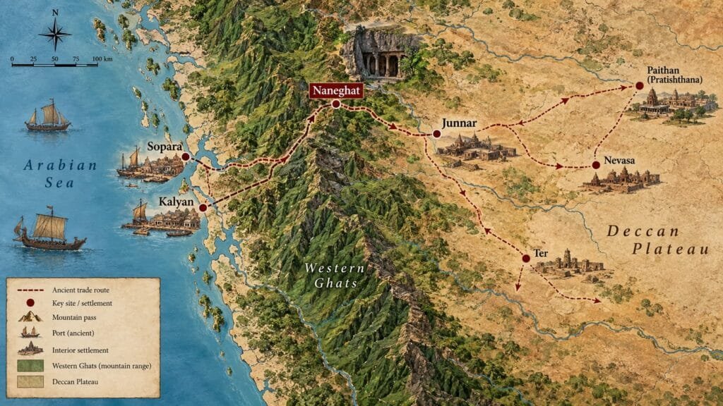Map showing Naneghat route between Konkan coast and Deccan plateau