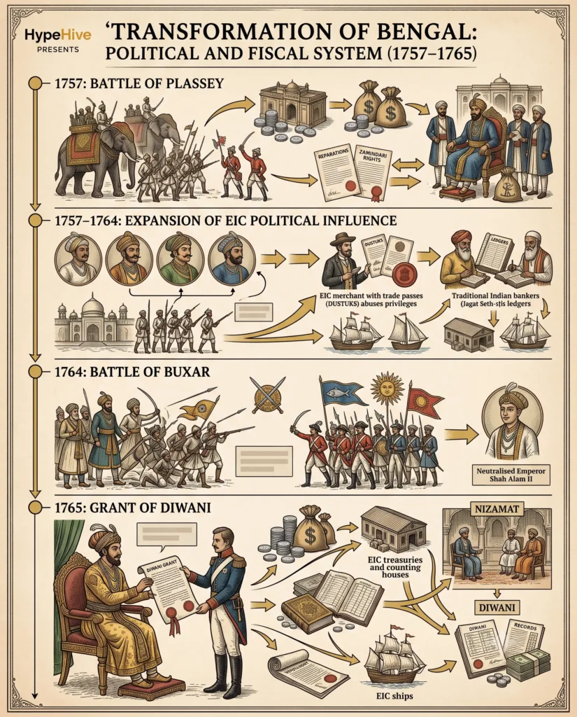 Timeline from Battle of Plassey 1757 to Diwani 1765 in Bengal