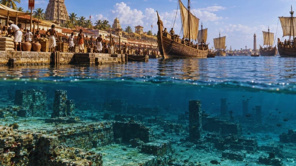 Artistic reconstruction of ancient Poompuhar port partly submerged beneath the sea