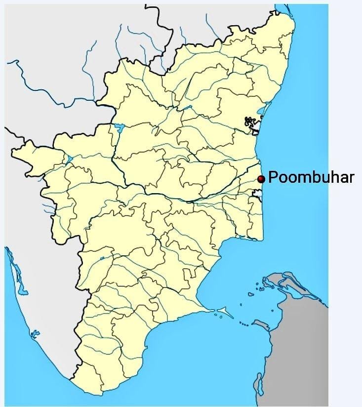 Map showing Poompuhar at the mouth of the Cauvery River on the Bay of Bengal