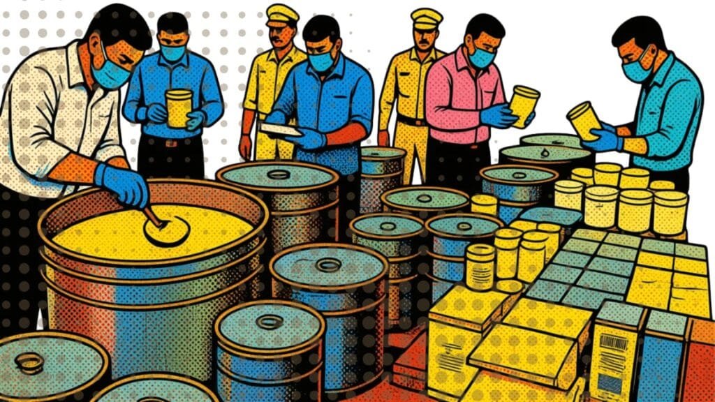 Animated Representation of Food safety inspection in India during the 2026 food adulteration crackdown (food adulteration in India )