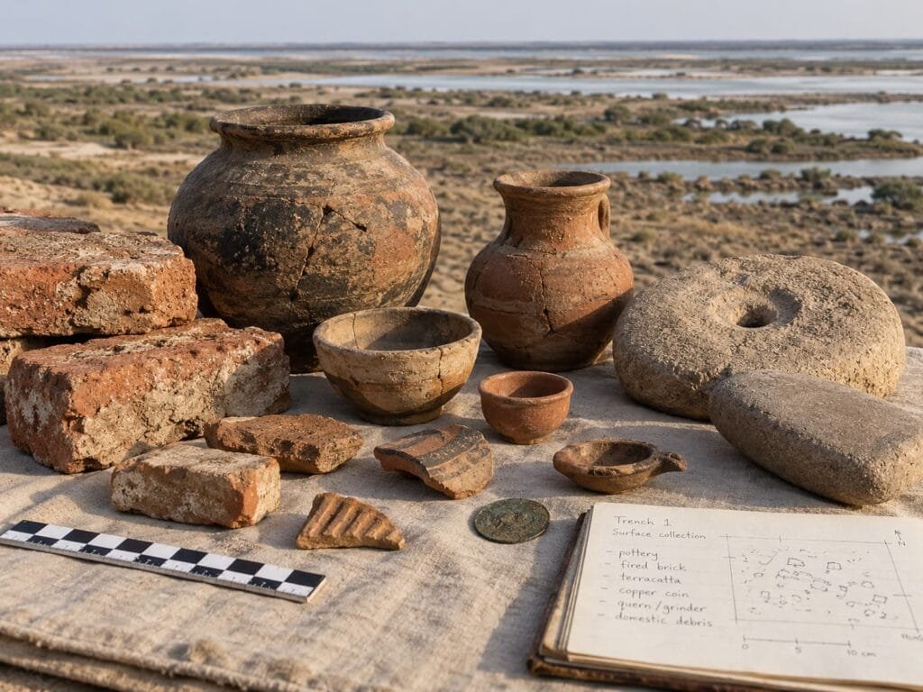 Pottery bricks lamps copper coin and terracotta objects associated with Barbadgaon archaeology