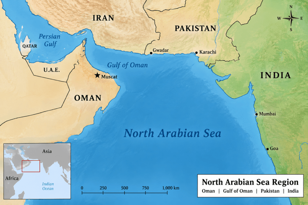 Map showing North Arabian Sea and Gulf of Oman near PNS Hunain incident