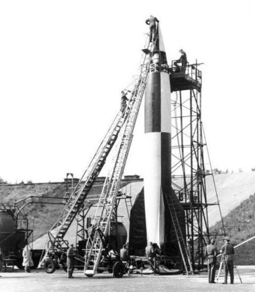V2 rocket being prepared for launch at Peenemünde, Germany, during the Second World War (Bundesarchiv photo)