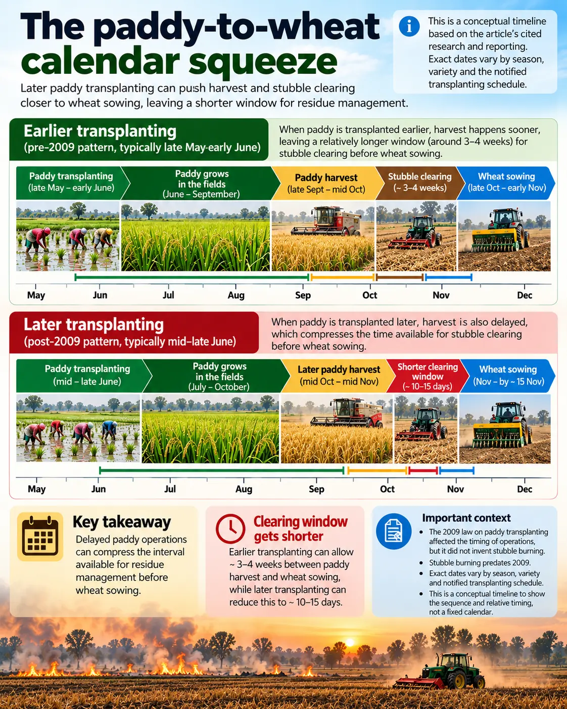 Timeline showing how later paddy transplanting can push harvest and stubble clearing closer to wheat sowing