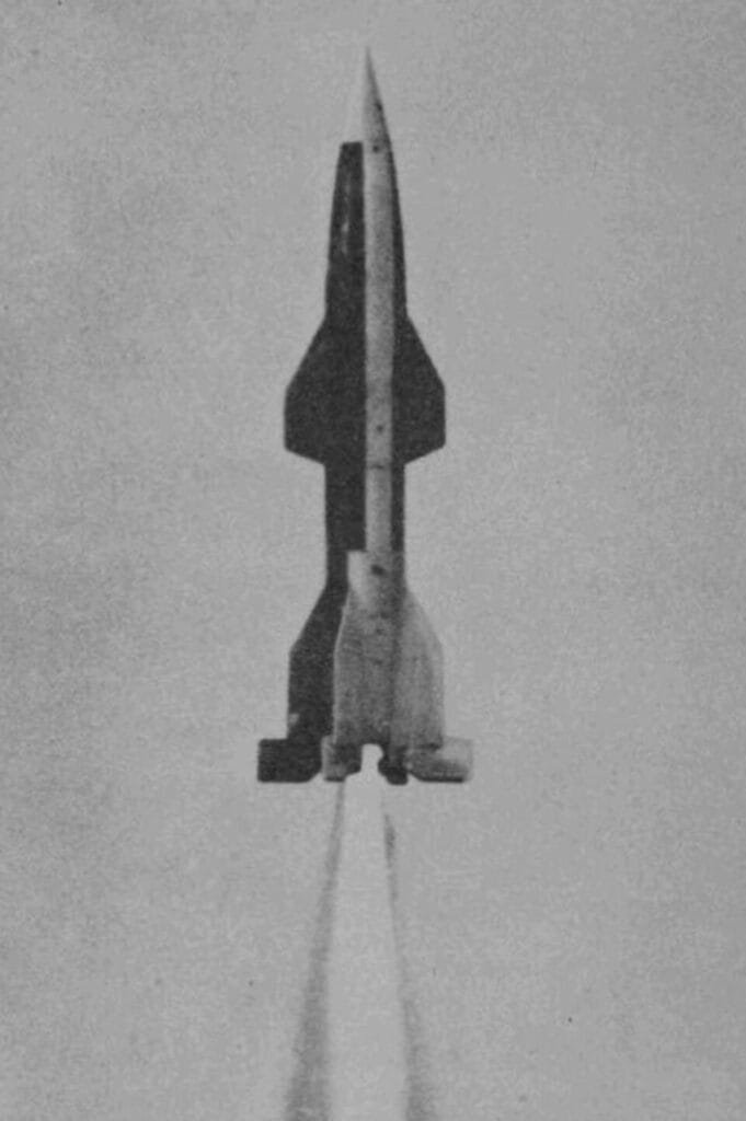 German Wasserfall anti-aircraft rocket lifting off during a wartime test launch