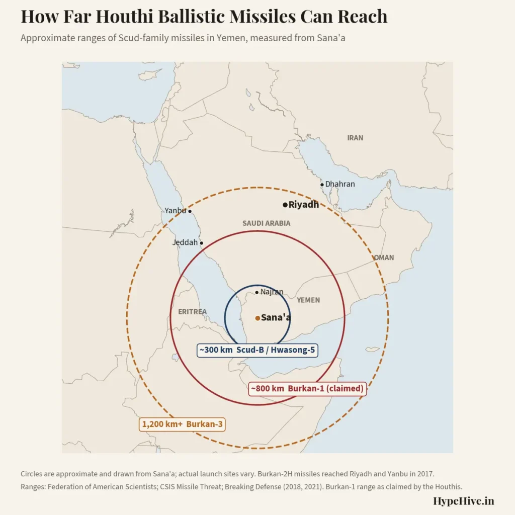 Map of approximate ranges of Scud-family missiles fired from Sanaa, Yemen, across Saudi Arabia