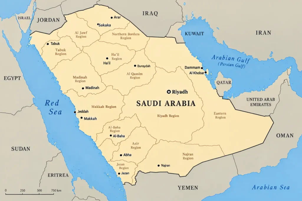 Map of the Saudi–Yemen border showing Asir, Jizan, Najran and Yemen's Saada province