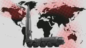 Soviet Scud-B ballistic missile raised on its eight-wheeled MAZ-543 mobile launcher
